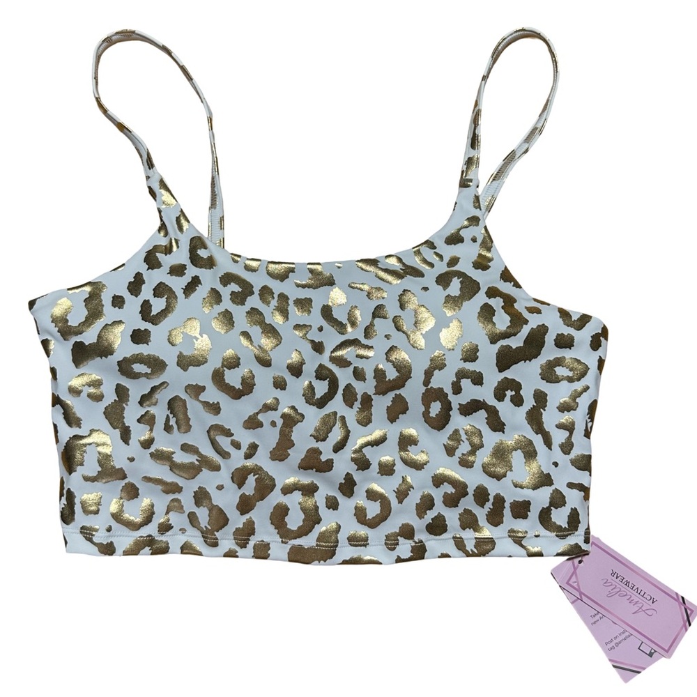NWT Amelia Activewear Metallic Gold Leopard Print Sports Bra Crop Top XL